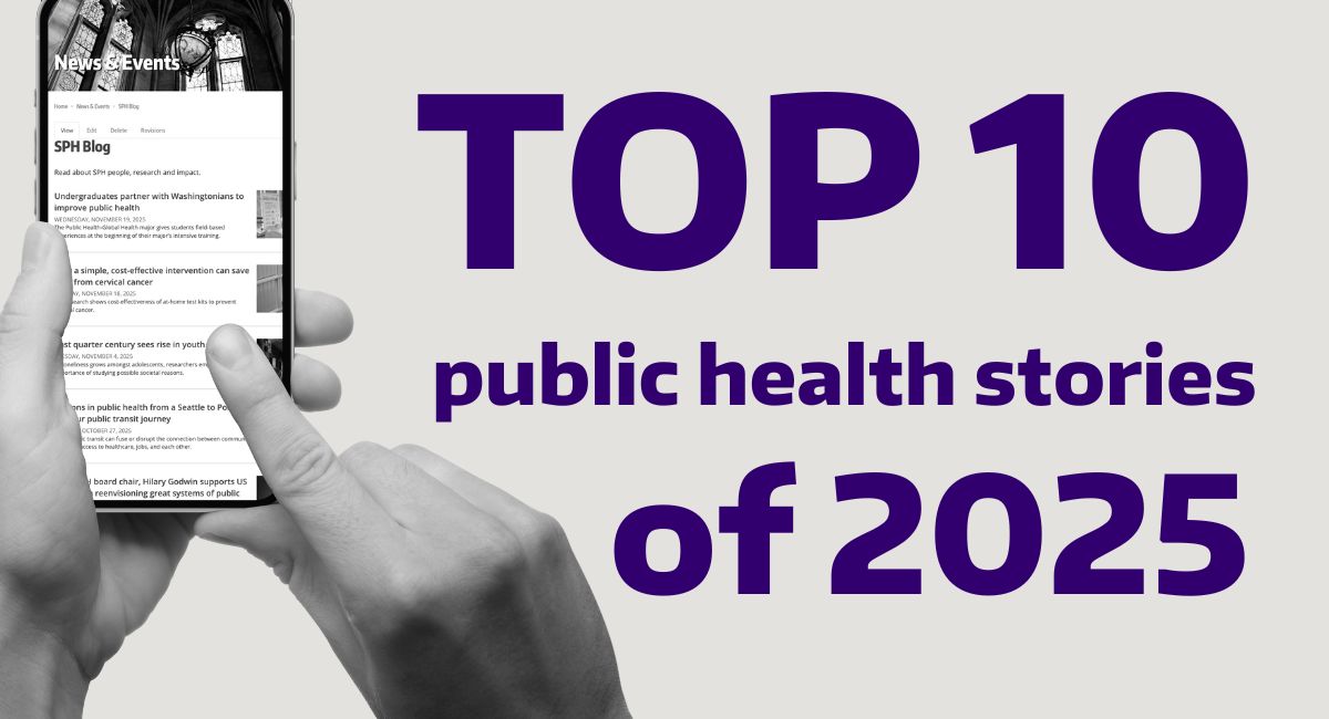 A graphic shows a person scrolling on a phone with bold purple text that says "Top 10 public health stories of 2025".