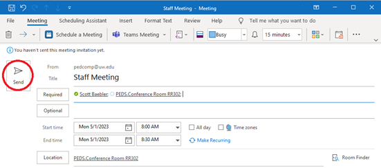 Screenshot showing example of saving new meeting with a pediatrics space specified.